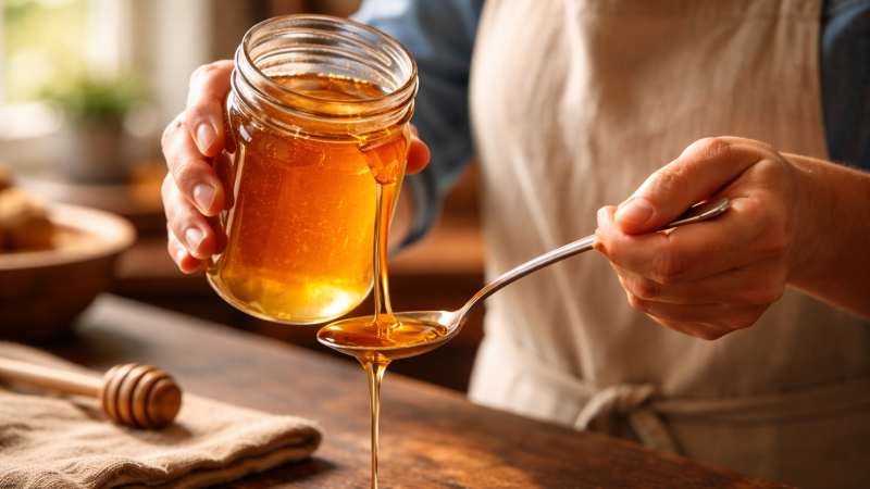Pouring honey into a spoon
