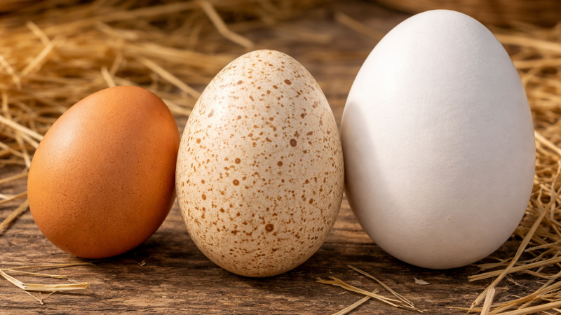 comparison of a chicken, turkey, and goose egg